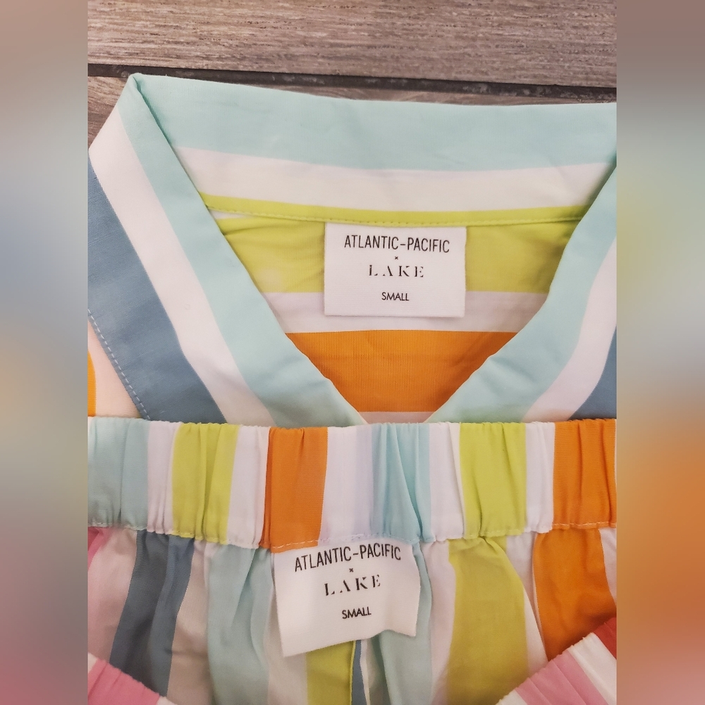 ATLANTIC-PACIFIC × LAKE 100% cotton poplin rainbow colorful striped pajama set S - Picture 2 of 9